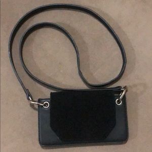 Mini black suede and faux leather shoulder bag